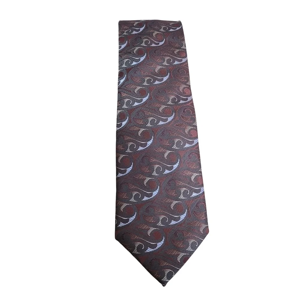 Roberto Villini Couture Mens Tie‎ Brown Silver Abstract Paisley Woven Silk Blend